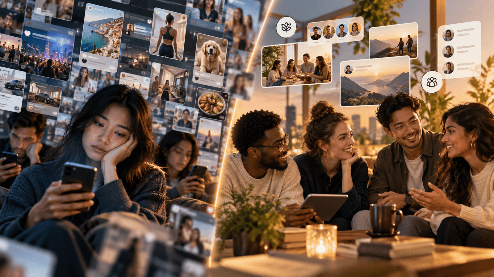 A blended group of adults comparing an overwhelming recommended feed with a calmer community-centered social experience.