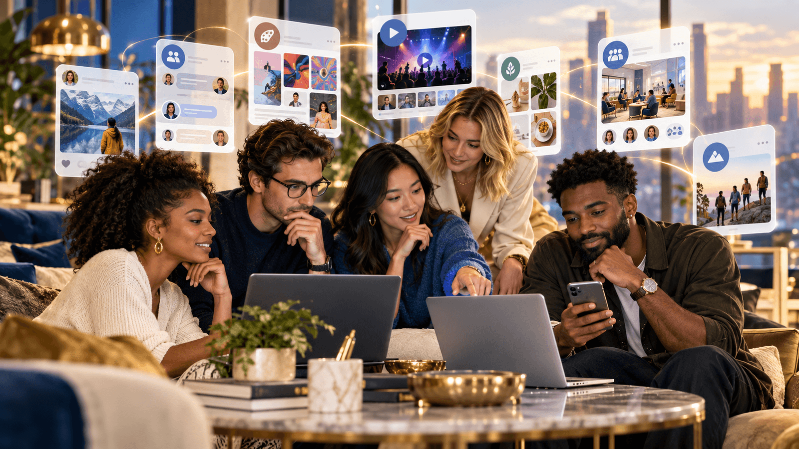 A blended group comparing several modern social-network experiences on devices in a warm, premium setting.