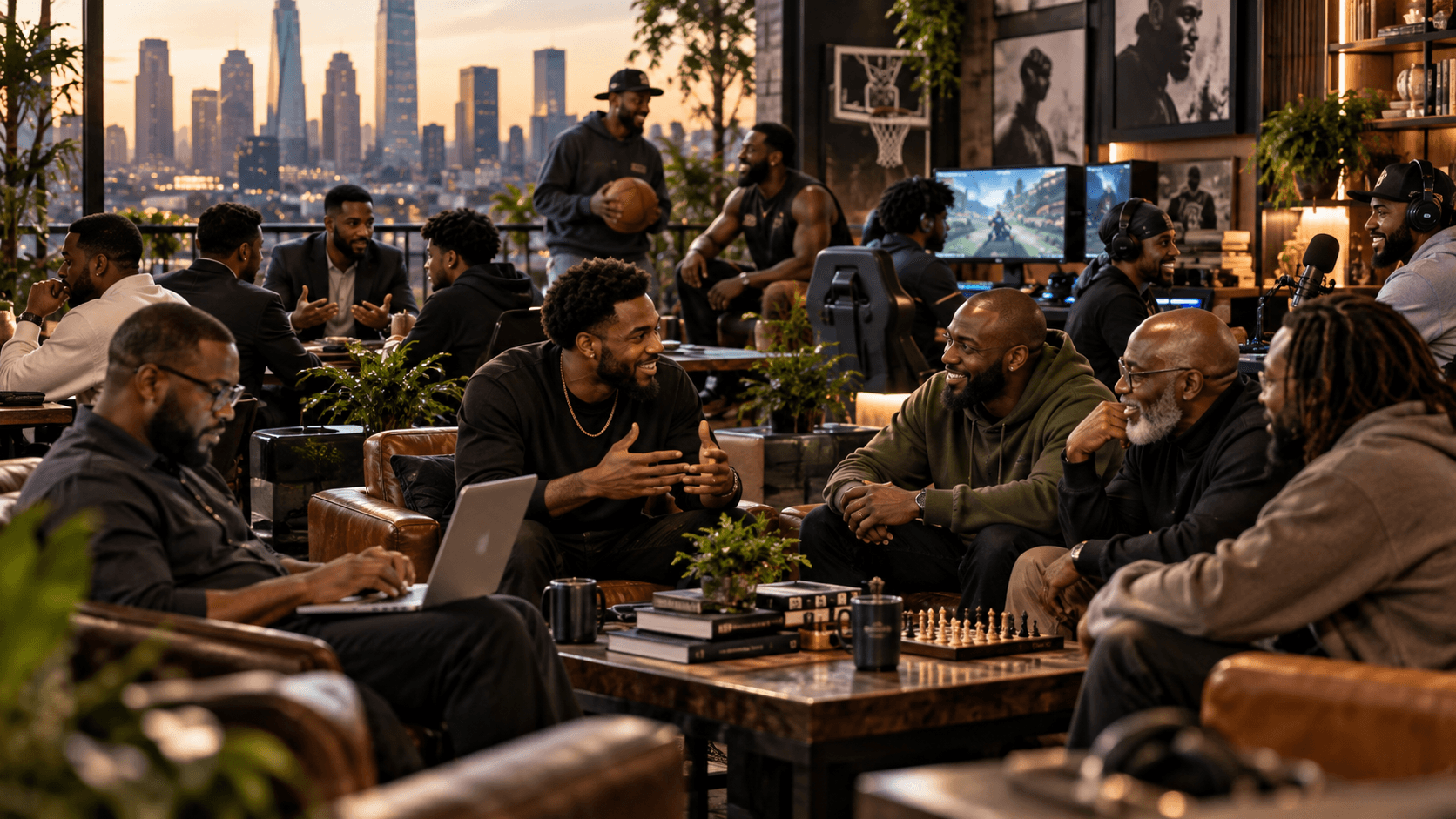 Black men of different ages connecting through sports, business, gaming, professional networking, and community conversation.