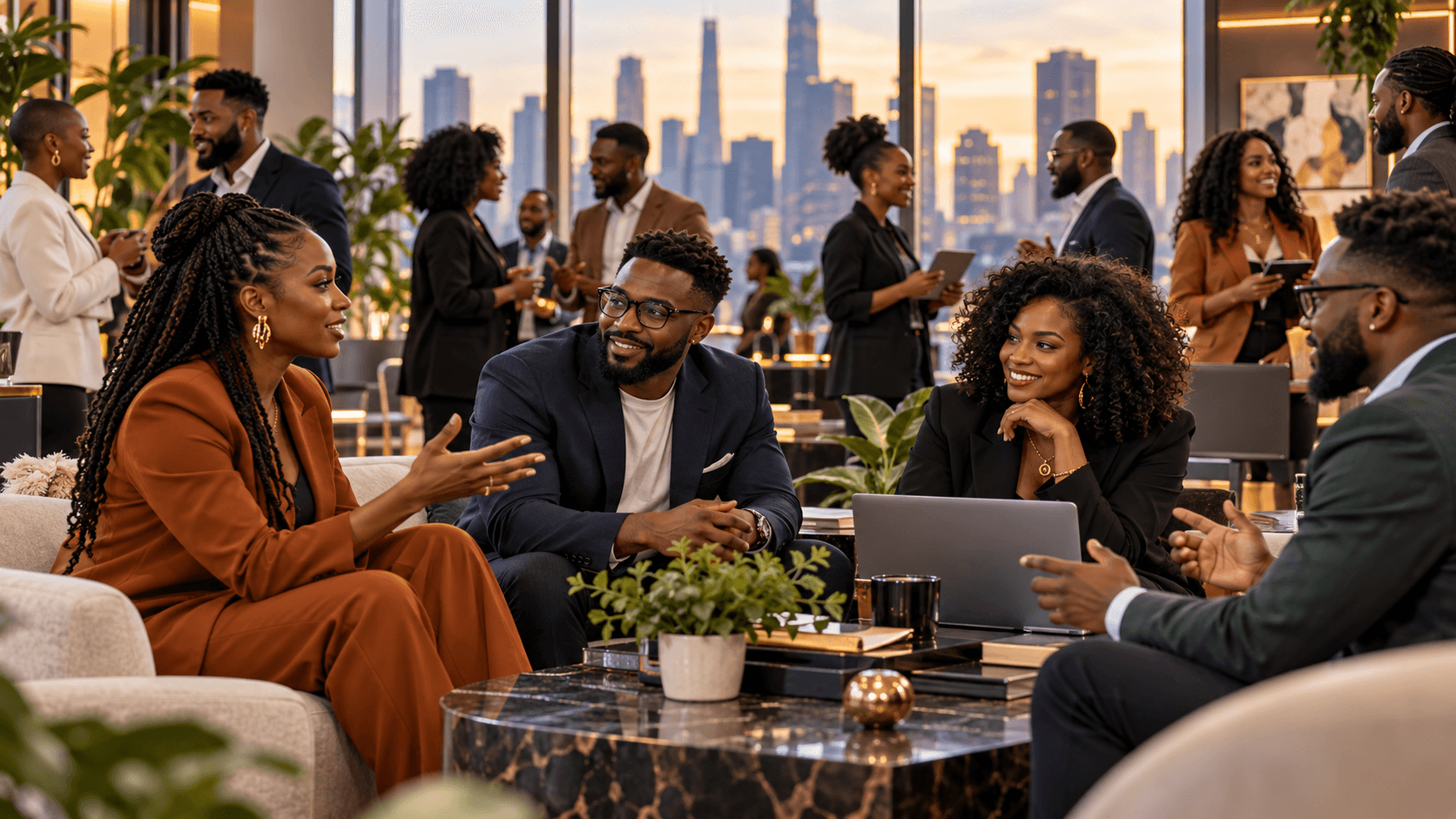 Black professionals and entrepreneurs networking in a modern business setting with digital community and referral connections.