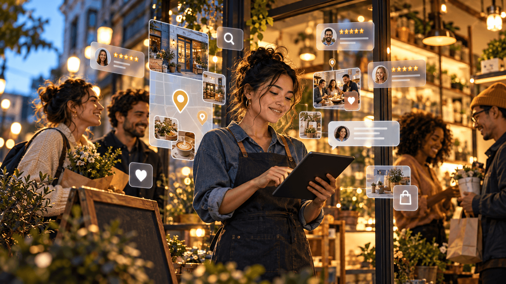 A neighborhood business owner and a naturally blended customer group connected through search, recommendations, and community discovery.