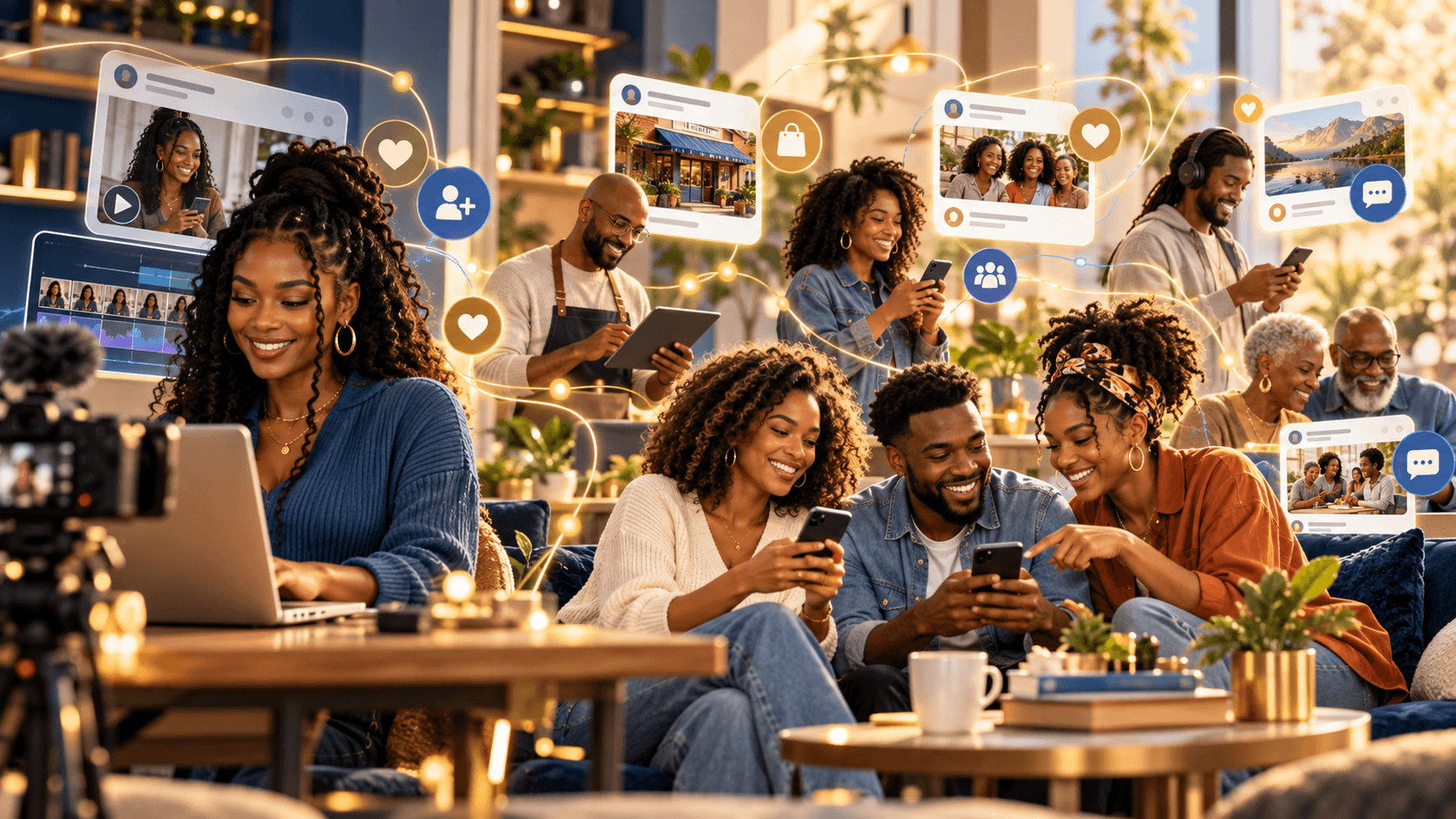 Creators, small businesses, and everyday Black community members sharing one connected social ecosystem.