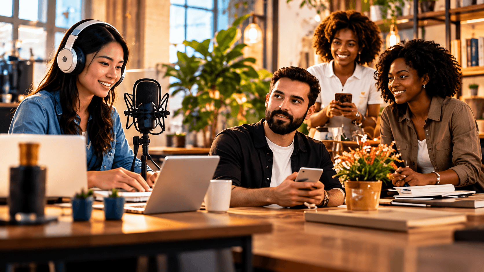A naturally blended social scene connecting a creator, small-business owner, and everyday community members.
