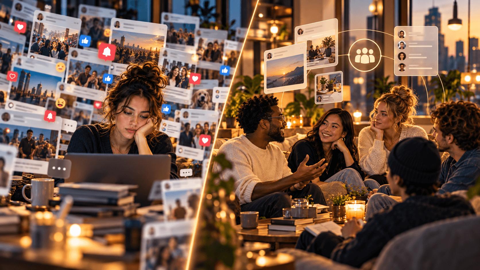 A cluttered group-feed experience contrasted with a cleaner blended community conversation in a modern setting.
