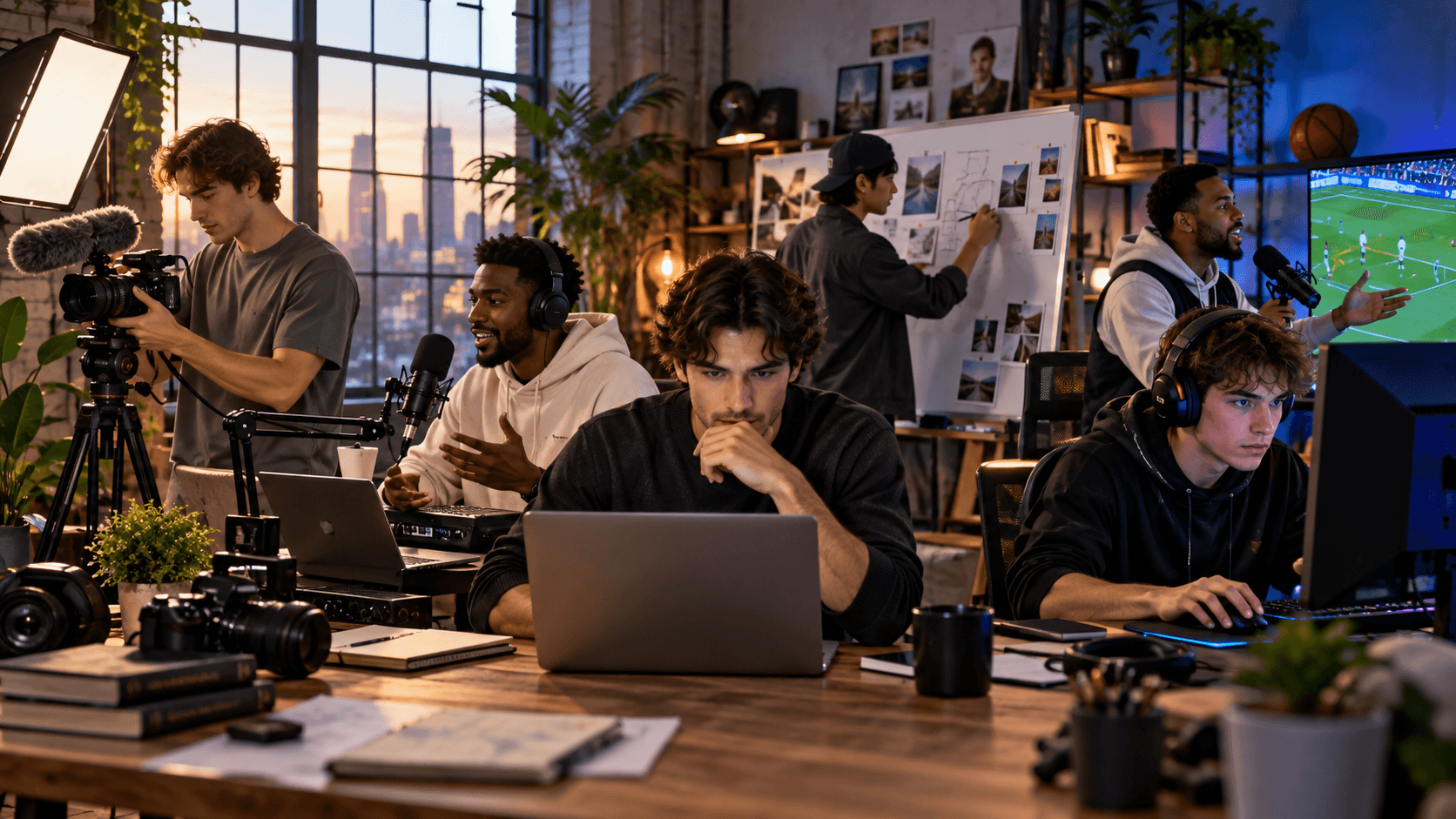 Several male creators working across video, podcasting, sports commentary, gaming, and business content in a modern studio.