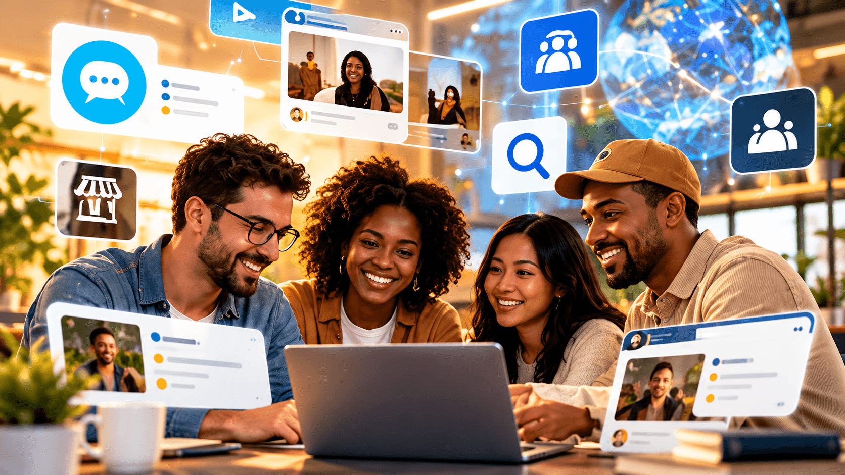 A naturally blended group of adults using a modern social platform with visual cues for conversation, discovery, business, creators, and community.