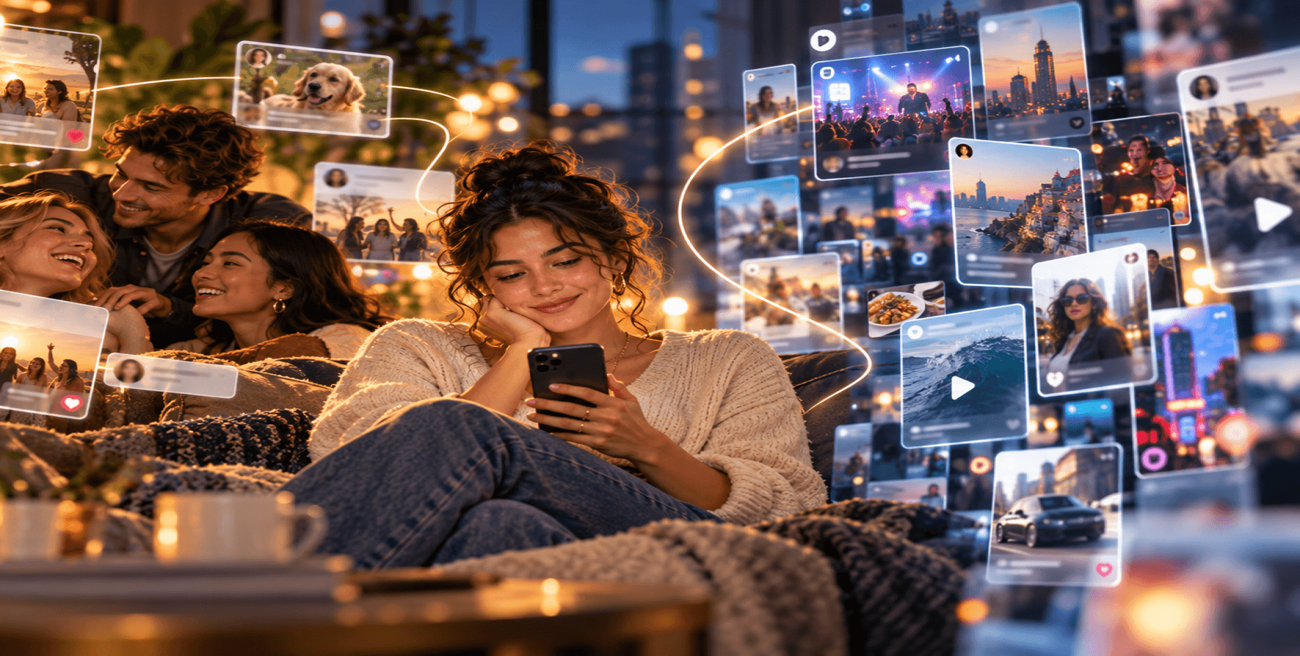 A person using a phone while warm friend-centered posts contrast with a busier algorithm-driven feed.