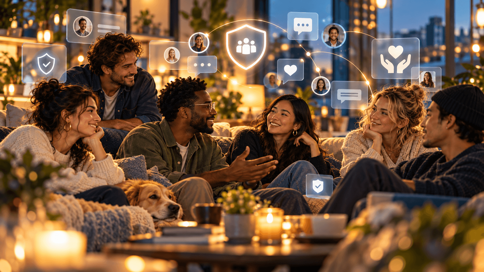 A naturally blended group of adults in a calm welcoming setting with visual cues for trust, moderation, and healthy conversation.