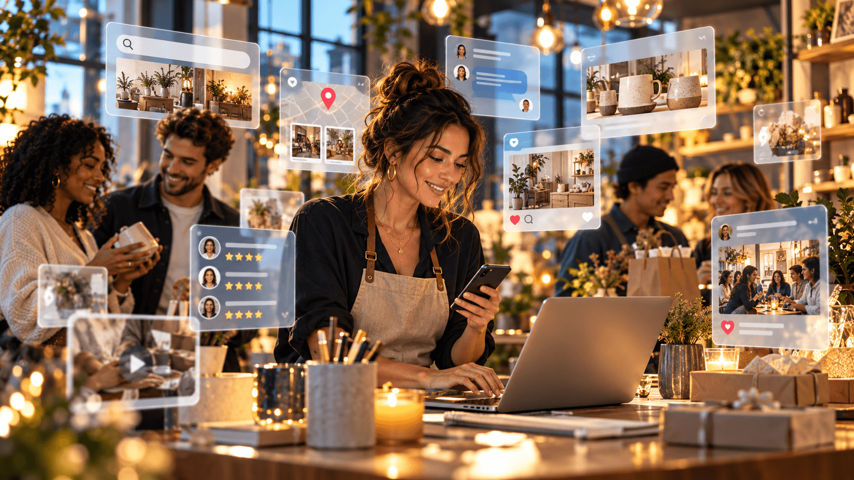 A small-business owner using a phone and laptop while a naturally blended group of customers interacts in a polished modern shop.