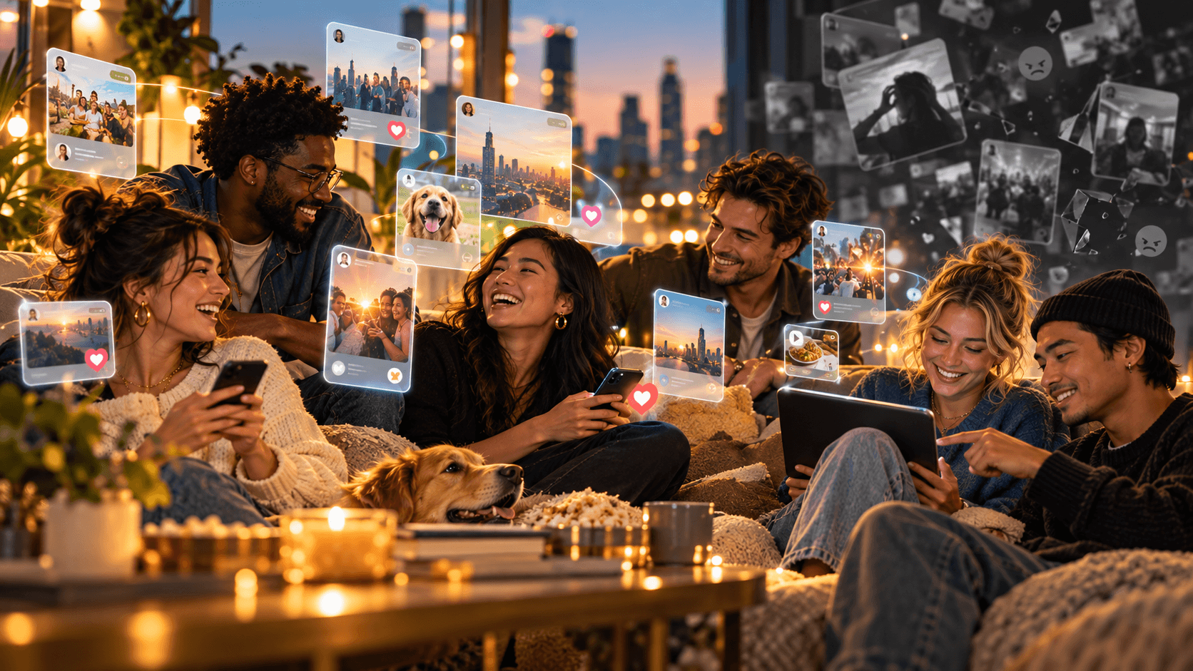 A lively naturally blended group enjoying conversation and digital interaction while chaotic feed fragments fade into the background.