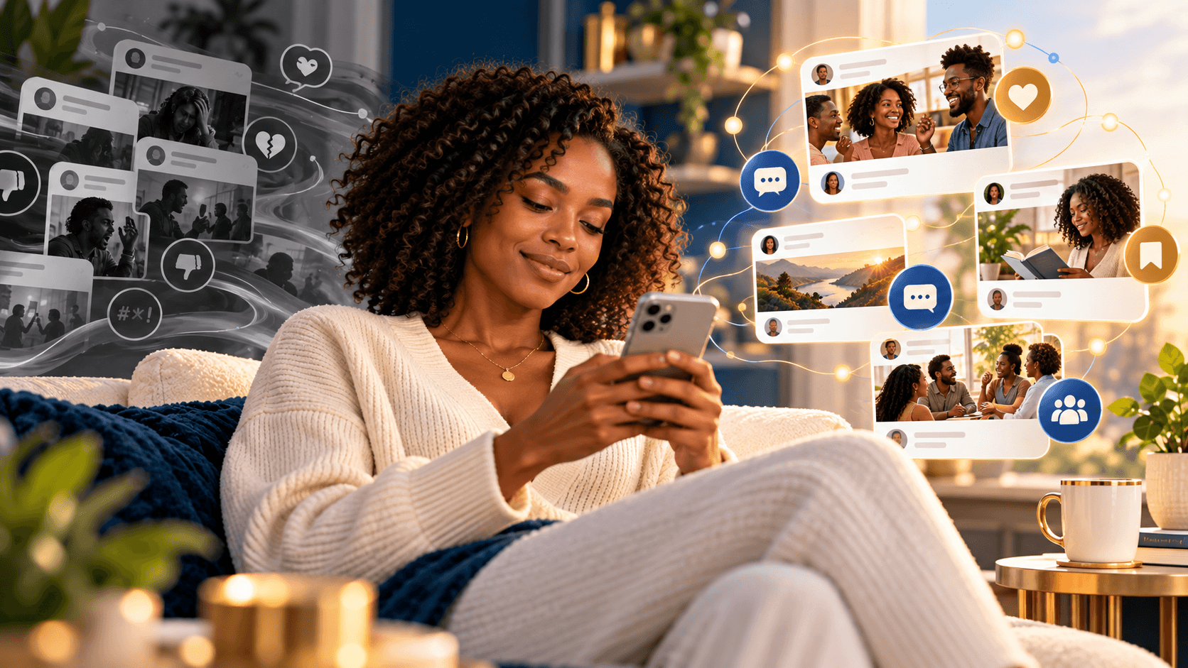 A calm social media experience replacing chaotic, negative feeds with respectful community conversation.