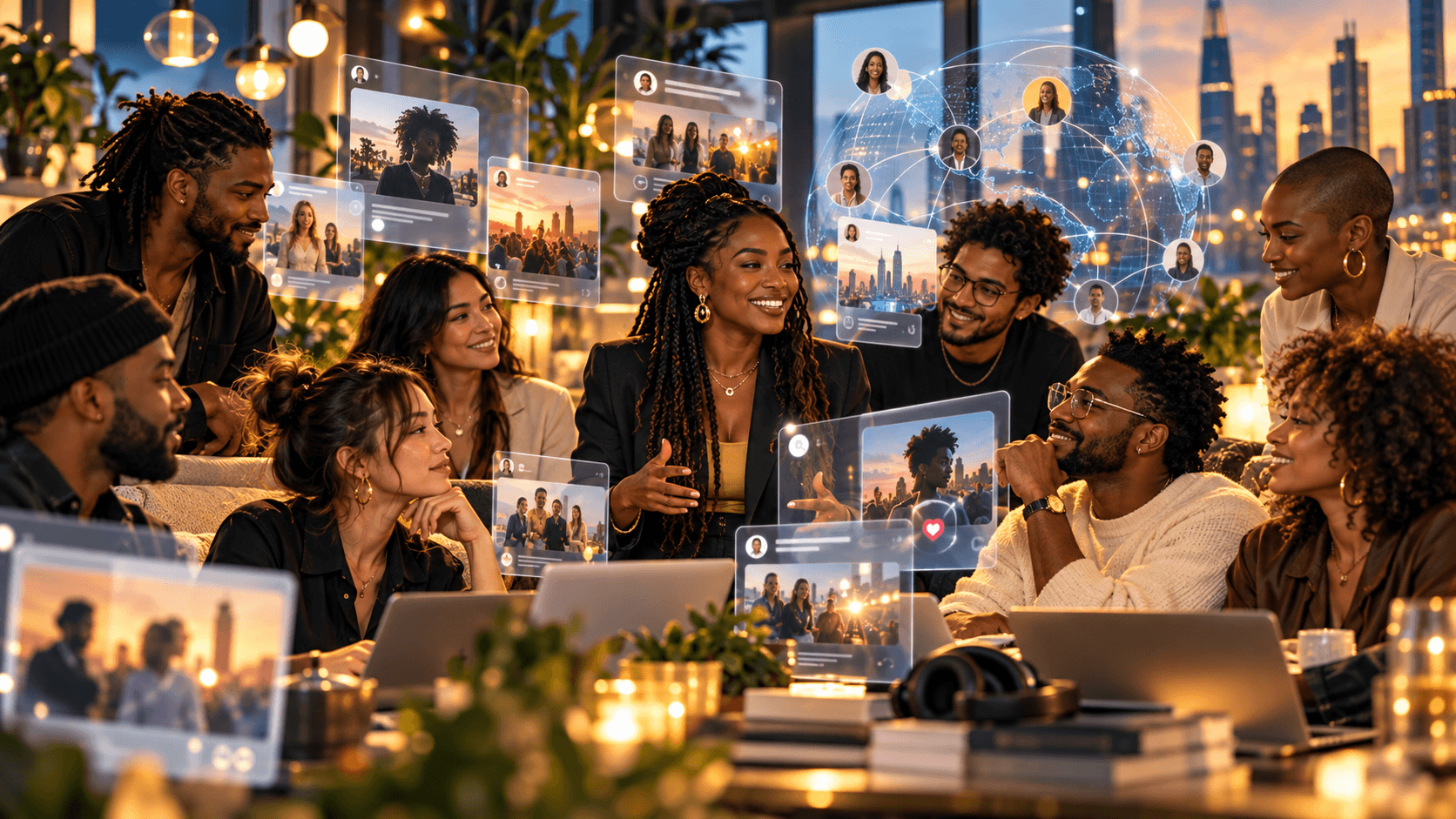 A blended group of professionals and community members in a sophisticated digital environment with visible Black leadership at the center.