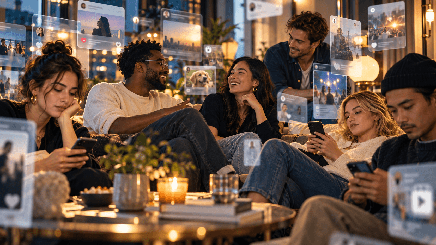A blended group of adults together in a warm modern lounge while fragmented social-feed elements surround them.